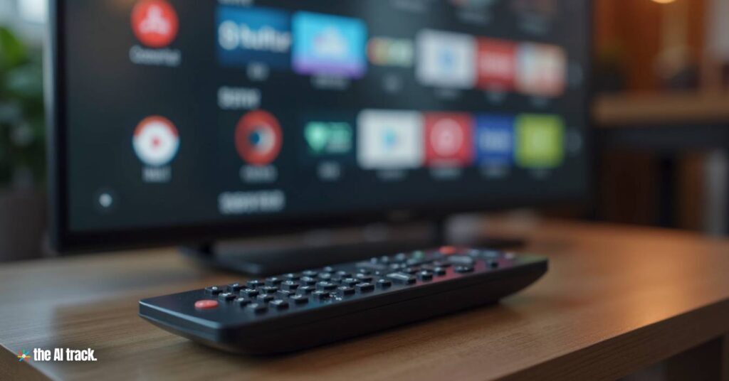 A close-up of a TV remote placed on a coffee table next to a TV screen - Credit - The AI Track, Raphael