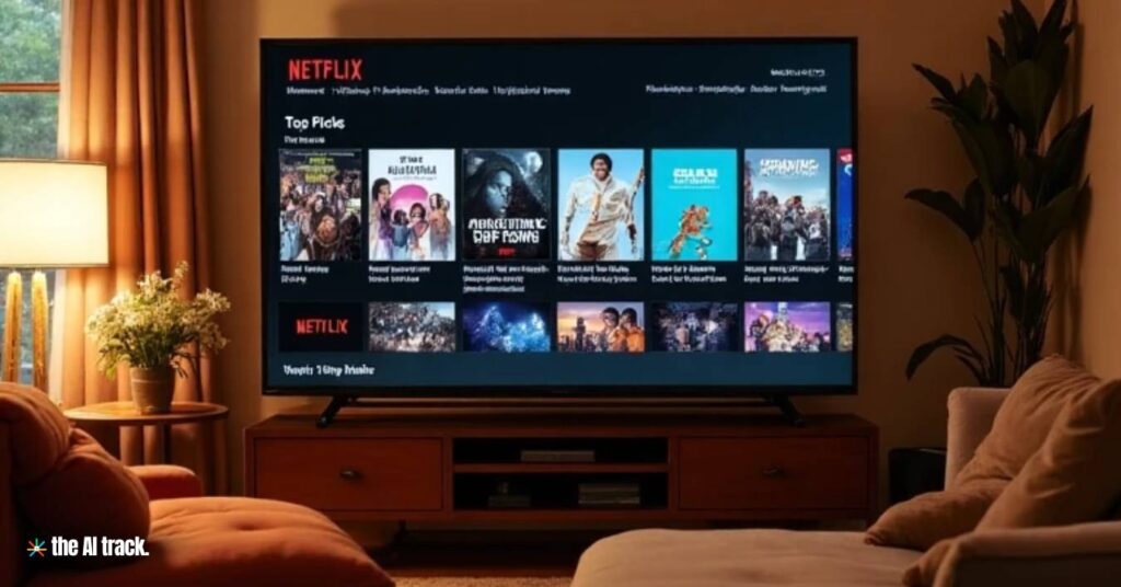 A cozy living room with a large smart TV displaying a Netflix homepage - Credit - The AI Track, Raphael