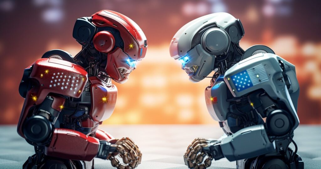 USA v China Large-Language Models Competition - Two AI robots, representing China and the U.S., in a friendly competition -Photo Generated by Midjourney for The AI Track