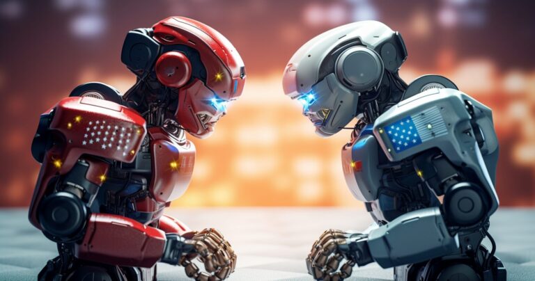 USA v China Large-Language Models Competition - Two AI robots, representing China and the U.S., in a friendly competition -Photo Generated by Midjourney for The AI Track