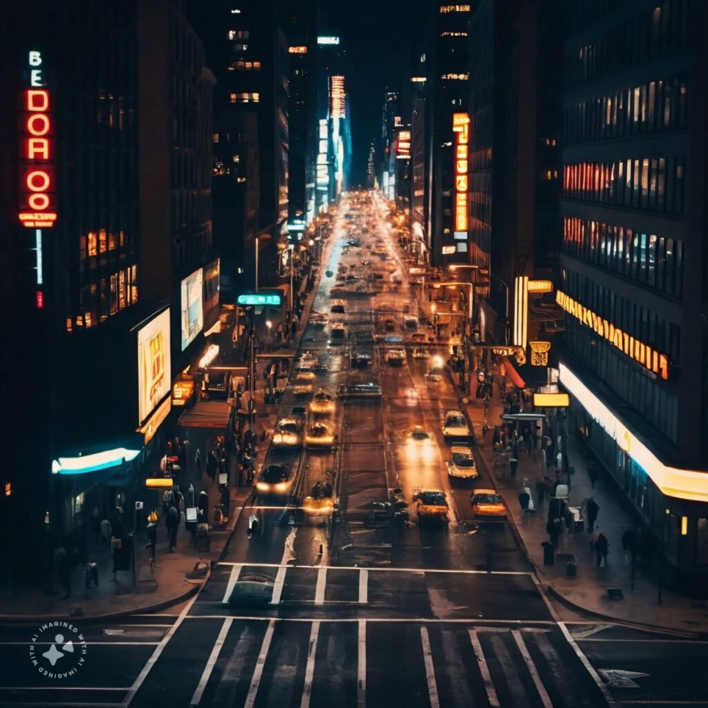 IMAGINE META - Best Image Generator Crash Test - Photo of a busy city intersection at night with neon signs and many cars