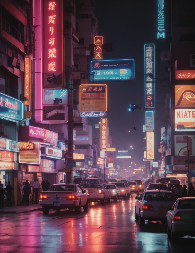 LEONARDO AI - Best Image Generator Crash Test - Photo of a busy city intersection at night with neon signs and many cars