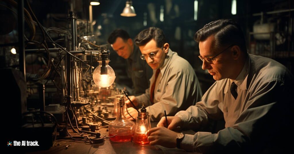 Scientists in 1956 Lab -Photo Generated by Midjourney for The AI Track