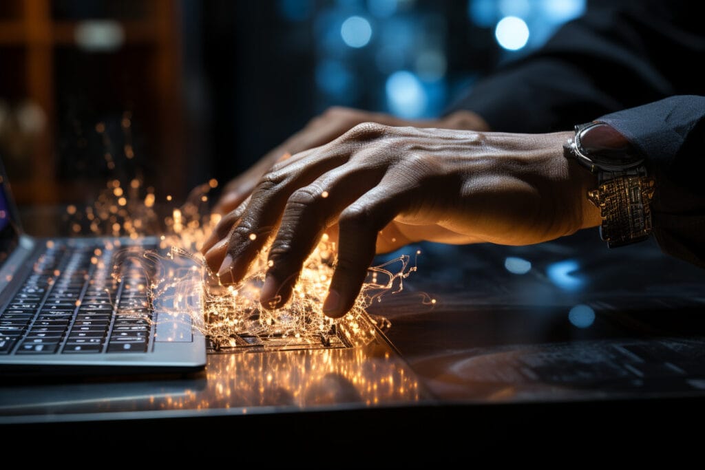 A hand close to keyboard -Photo Generated by Midjourney for The AI Track