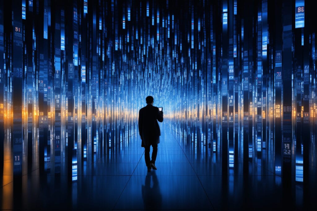 A man surrounded by screens -Photo Generated by Midjourney for The AI Track