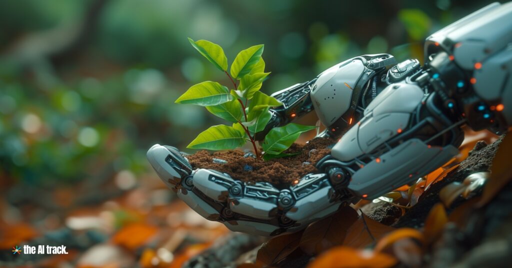 AI Impact on the Environment - Robotic Hand Planting Trees - Photo Generated by Midjourney for The AI Track
