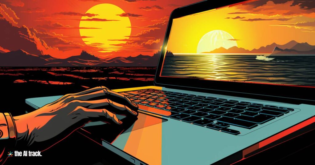 2024 AI Predictions - The Road Ahead -A Laptop with a sunrise both on the screen and as a background, The AI Impact -Photo Generated by Midjourney for The AI Track