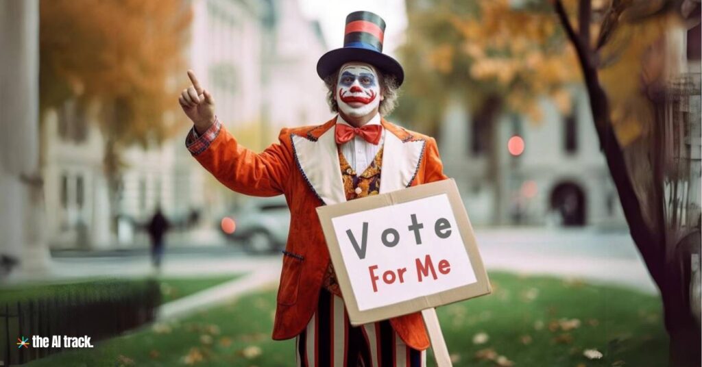 AI in Politics - Clown fo President - Image generated by Dall-E for The AI Track