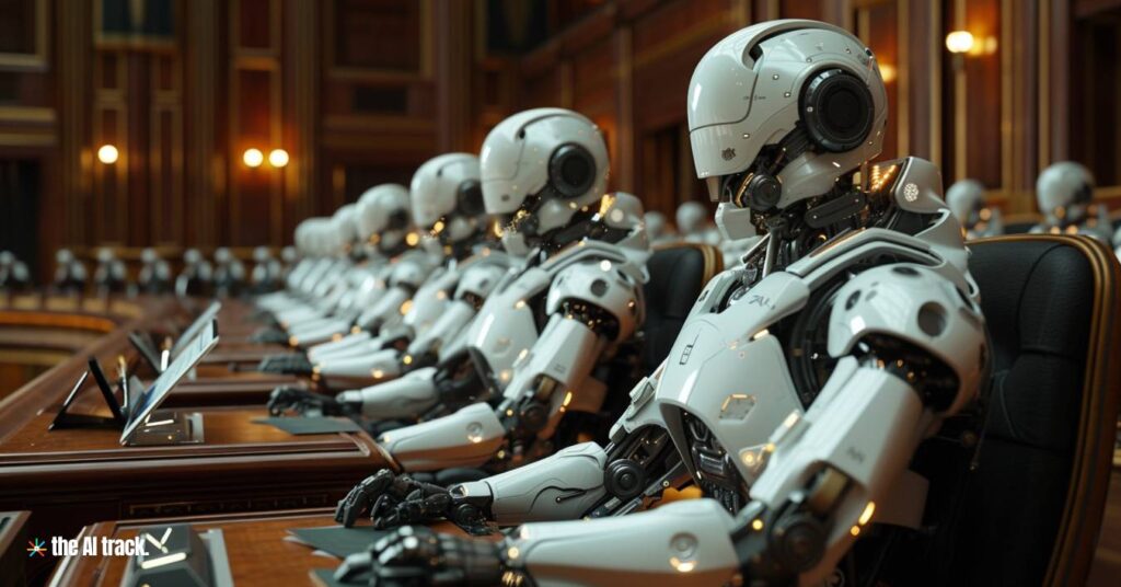 AI in Politics - Robot Parliament Session - Image generated by Midjourney for The AI Track