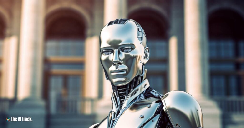 AI in Politics - Robot in Parliament - Image generated by Midjourney for The AI Track