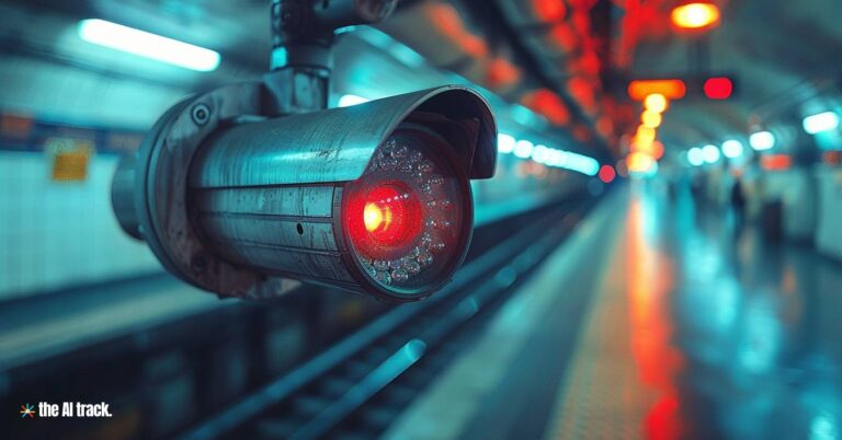 A close-up of a surveillance camera in a Paris metro station with AI technology integrated - Image Generated by AI for The AI Track