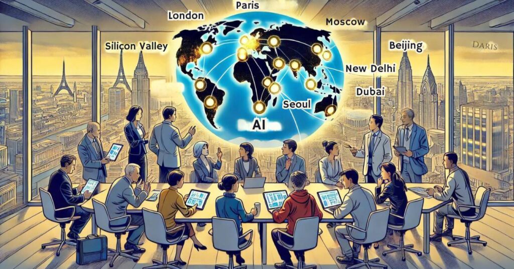 A diverse group of people of different nationalities collaborating around a digital world map 2 - Photo Generated by AI for The AI Track