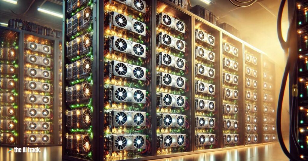 A landscape image of a server rack filled with powerful GPUs - Photo Generated by AI for The AI Track