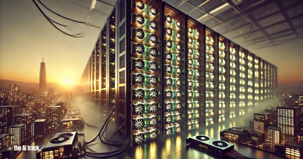 A landscape image of a server rack filled with powerful GPUs - Photo Generated by AI for The AI Track