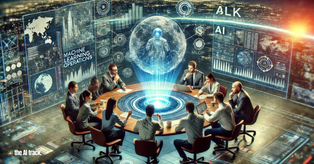 A team of engineers collaborating around a holographic projection of an AI model - Photo Generated by AI for The AI Track