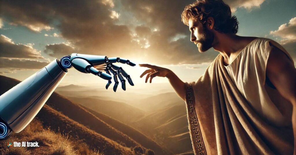 AI Ethics - Hand reaching out to touch the finger of a robot- Photo Generated by AI for The AI Track