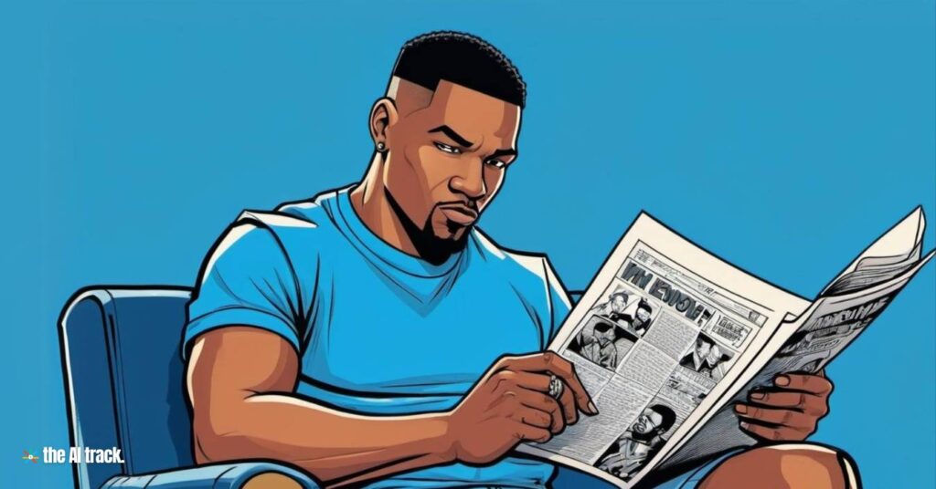 Curated AI Content -Black man relaxed reading Newspaper- Image generated by AI for The AI Track