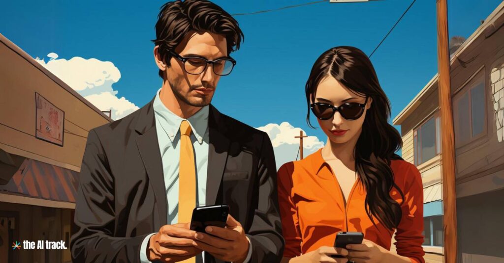 Two people looking at their mobiles on the street - Image generated by AI for The AI Track