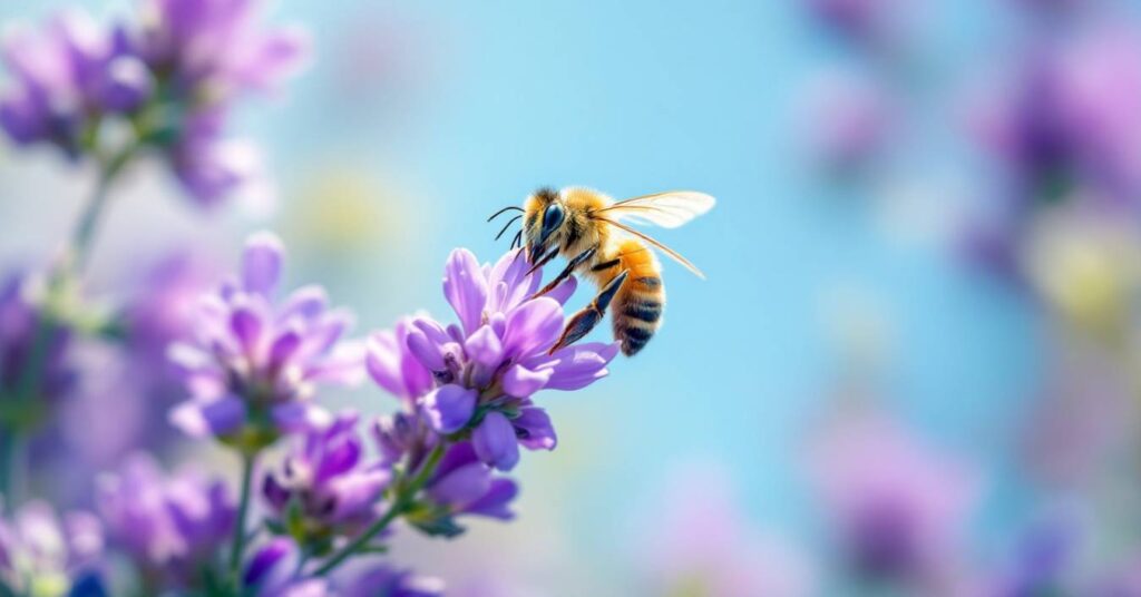 A bee collecting nectar from a cluster of purple lavender flowers under a clear blue sky - Photo by Flux for The AI Track