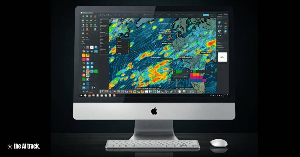 A desktop computer with a sleek interface displaying a global weather map - Photo Generated by Flux for The AI Track