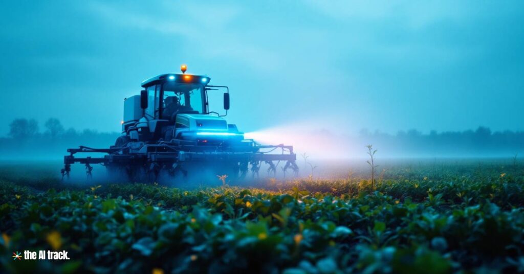 A tractor-mounted AI machine zapping weeds in a field, with lasers targeting individual weeds - Photo Generated by Flux for The AI Track