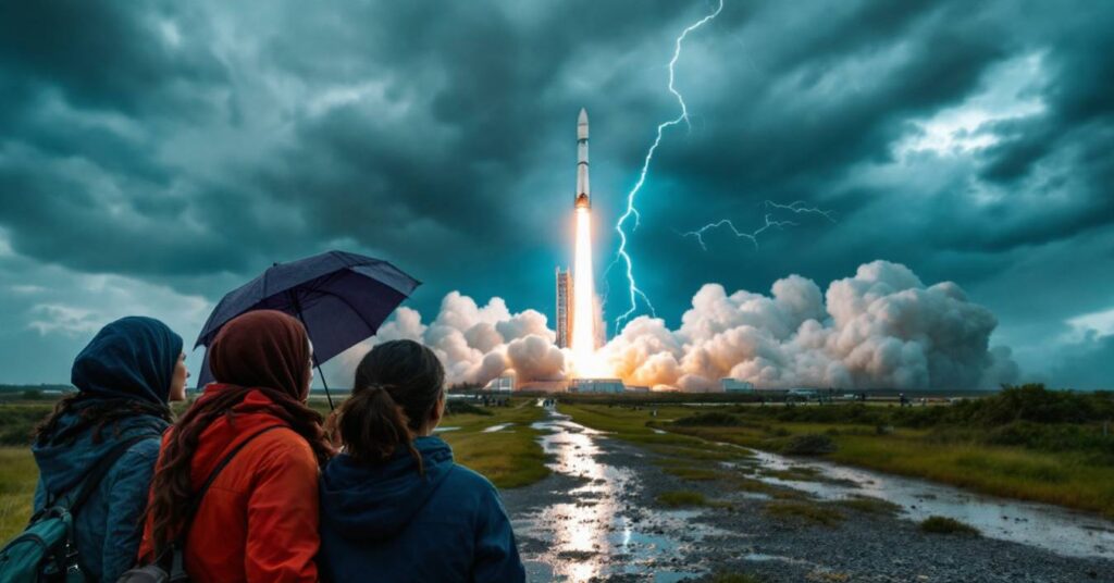 Cape Canaveral space launch during a stormy day with a diverse group of spectators huddled under umbrellas - Image by Flux for The AI Track