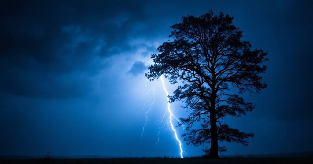 Lightning striking down in a dark stormy sky - Photo by Flux for The AI Track