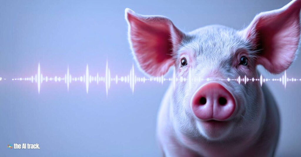 Pig with digital overlays of sound wave data, showing AI's ability to analyze pig communication- Photo Generated by Flux for The AI Track