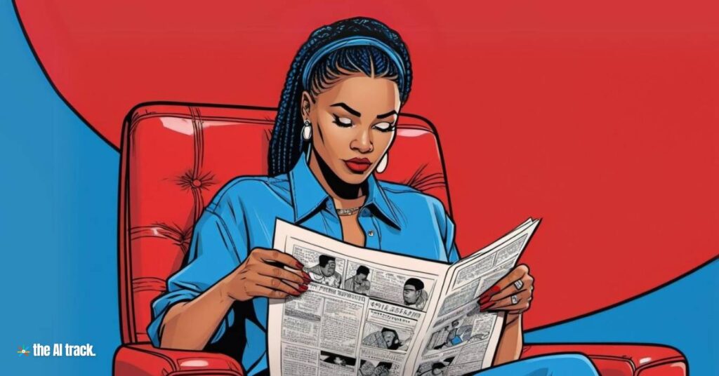 AI News and Analysis You Must Know -Woman relaxed reading a Newspaper- Image generated by AI for The AI Track