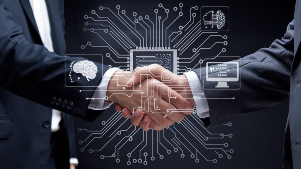 Business Handshake overlaid with circuit board (1) - Image generated by Midjourney for The AI Track