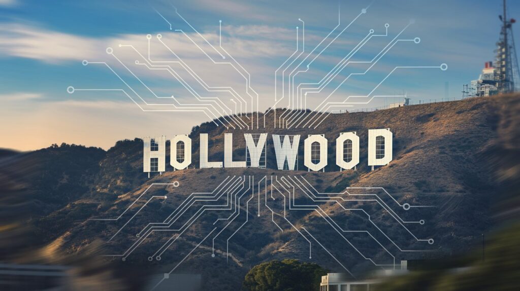 Hollywood Sign with AI circuit patterns (1) -Photo Generated by Midjourney for The AI Track