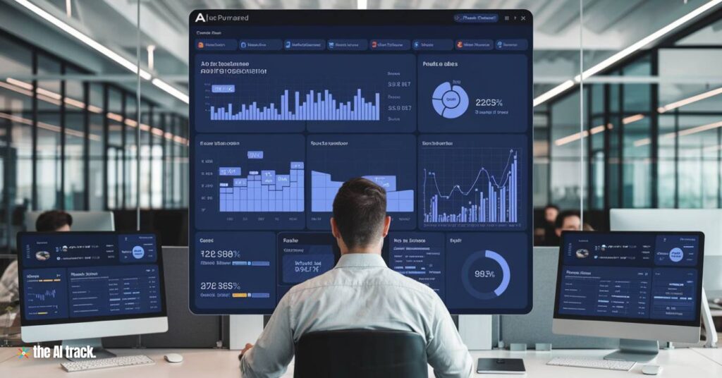 Manager looking at an AI-powered dashboard displaying employee engagement and retention metrics - Photo Generated by AI for The AI Track