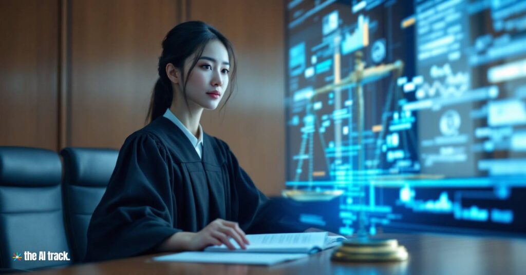 AI is Reshaping the Legal Profession: A judge holding scales while holographic legal displays - Image generated by Flux for The AI Track