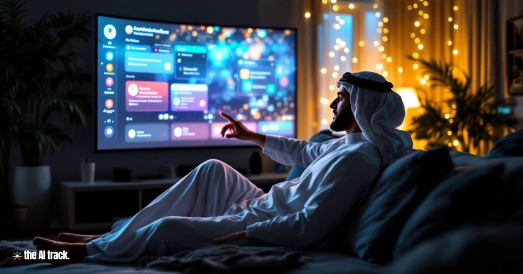 A futuristic digital assistant on a curved screen and a male Middle-Eastern relaxing and interacting with the assistant - Image Credit Flux-The AI Track