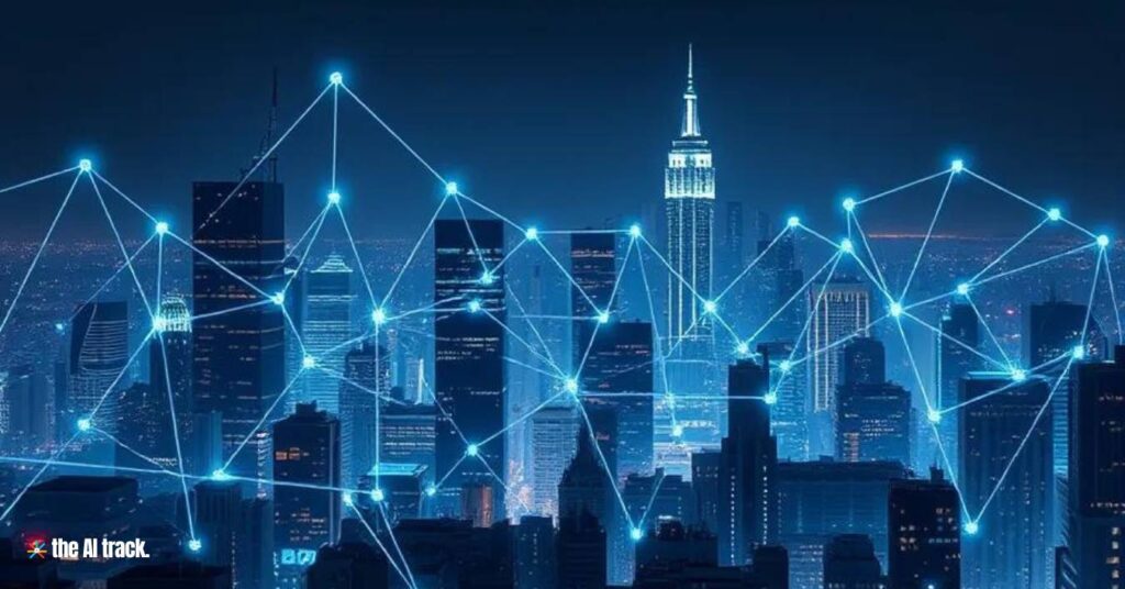 AI in Business - Cityscape with buildings transforming to data centers - Image generated by AI for The AI Track