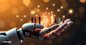 AI in Business - Robotic hand holding glowing network of business people - Image generated by AI for The AI Track