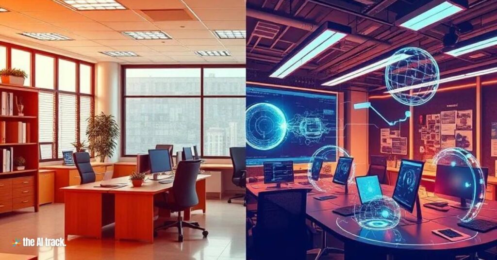 AI in Business - Split Image of Traditional v AI Office - Image generated by AI for The AI Track