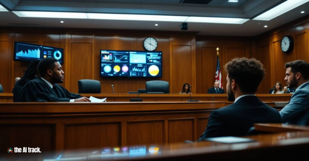 Courtroom scene with AI-powered analytics screens - Image generated by Flux for The AI Track