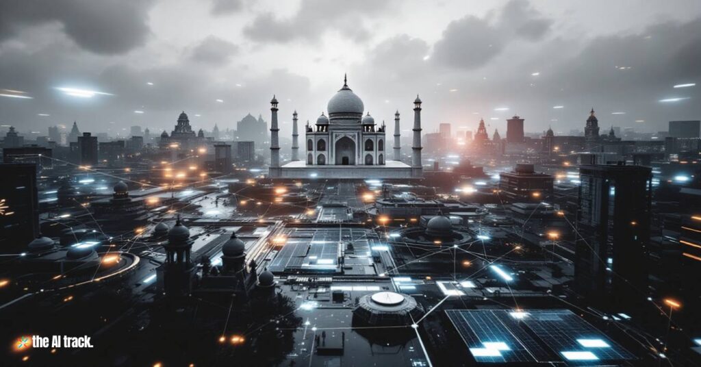 Indian futuristic cityscape with AI digital elements and iconic landmarks such as the Taj Mahal - Photo Generated by Flux for The AI Track