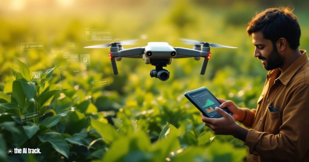 Indian rural landscape with farmers using AI-powered drones and smart devices in the field - Photo Generated by Flux for The AI Track