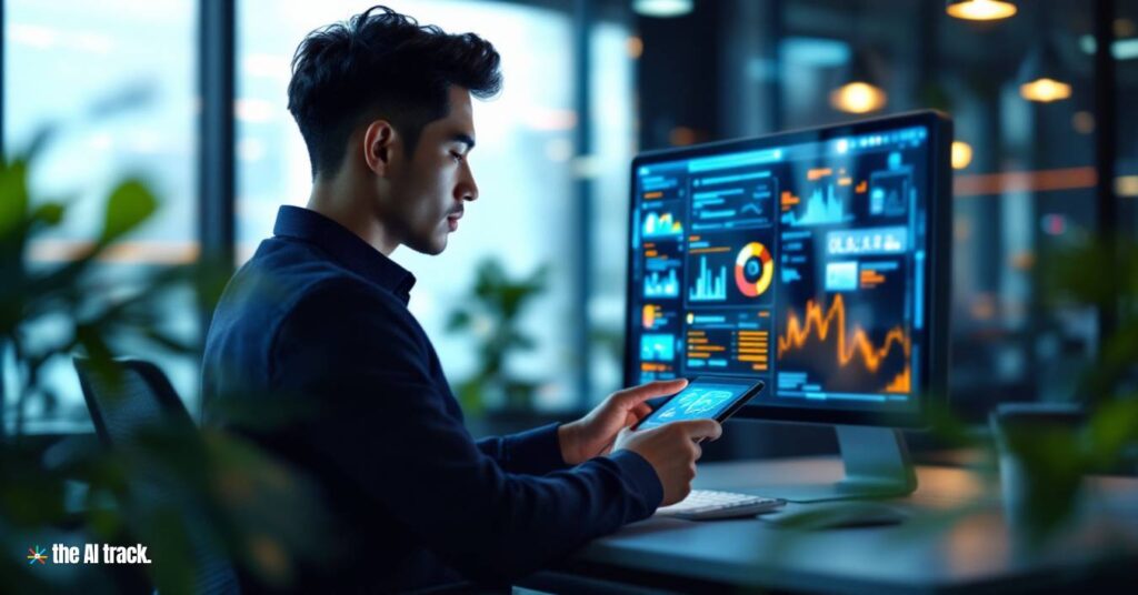 Male Asian in a modern office interacting with a large tablet screen displaying vibrant graphics - Image Credit Flux-The AI Track