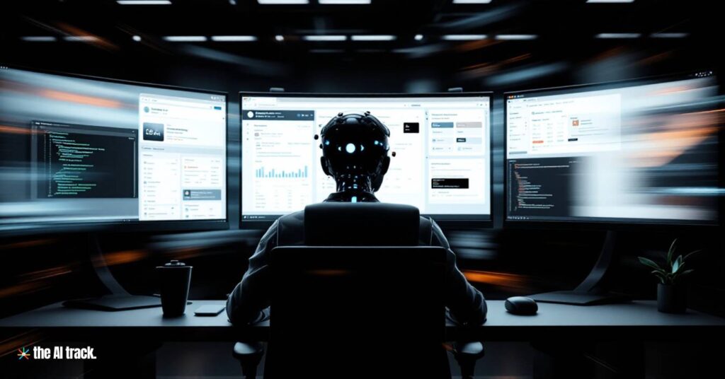 Robot sitting at a desk with multiple computer screens showcasing the operation of autonomous AI agents - Image Credit Flux-The AI Track