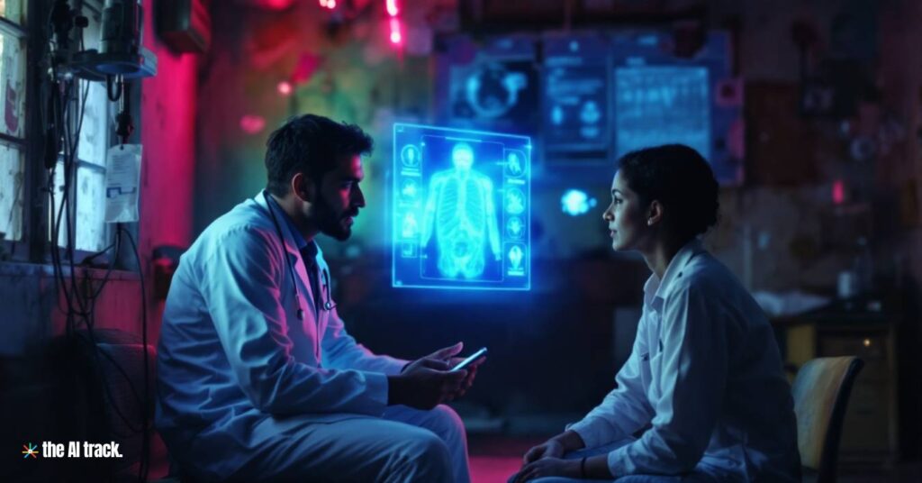 Rural health clinic in India where medical assistant uses holographic diagnostic report - Photo Generated by Flux for The AI Track