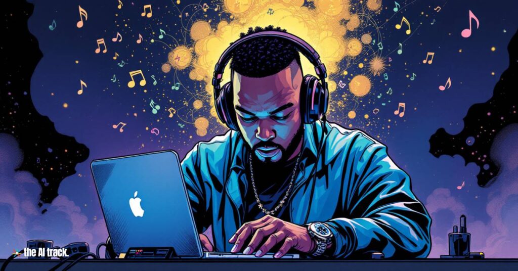 Timbaland with headphones interacting with a laptop - Photo Generated by Flux for The AI Track