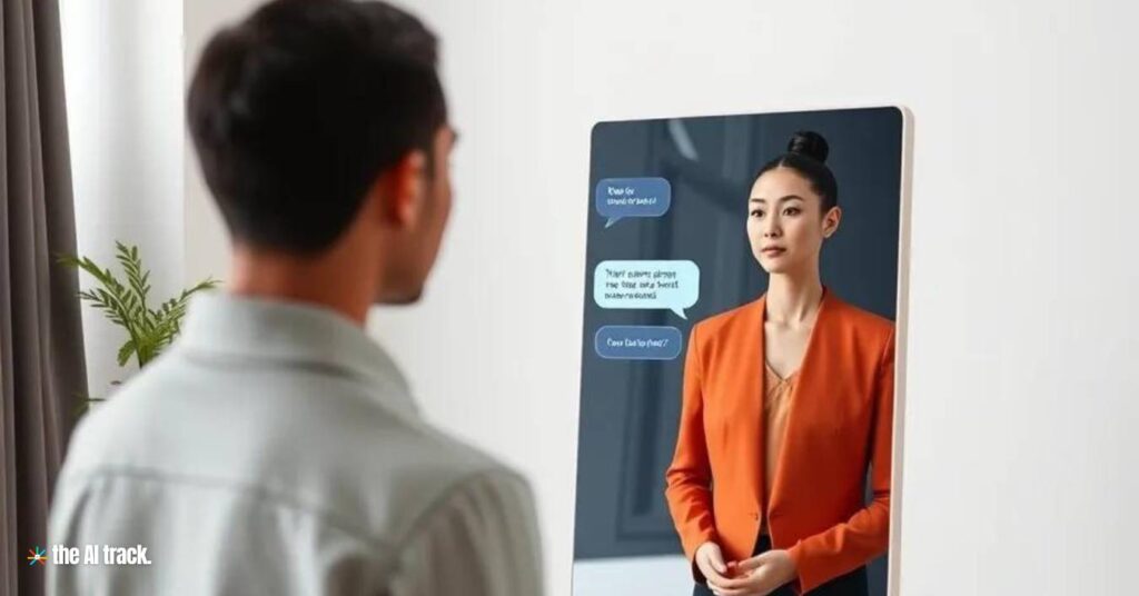 Top AI Use Cases - Person practicing for an interview in front of a smart mirror - Image generated by AI for The AI Track