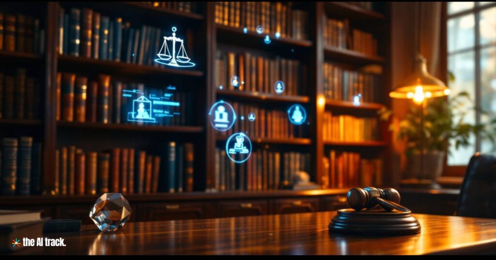 Traditional lawyer's bookcase filled with leather-bound books and law related holograms - Image generated by Flux for The AI Track