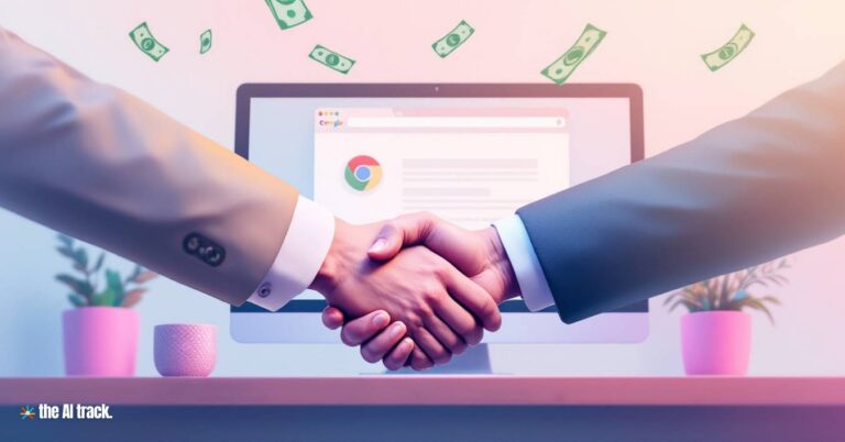 OpenAI Acquires Chat. com - A closing deal handshake over a computer screen showing a chrome web browser and dollar bills floating around - Image Credit Flux-The AI Track