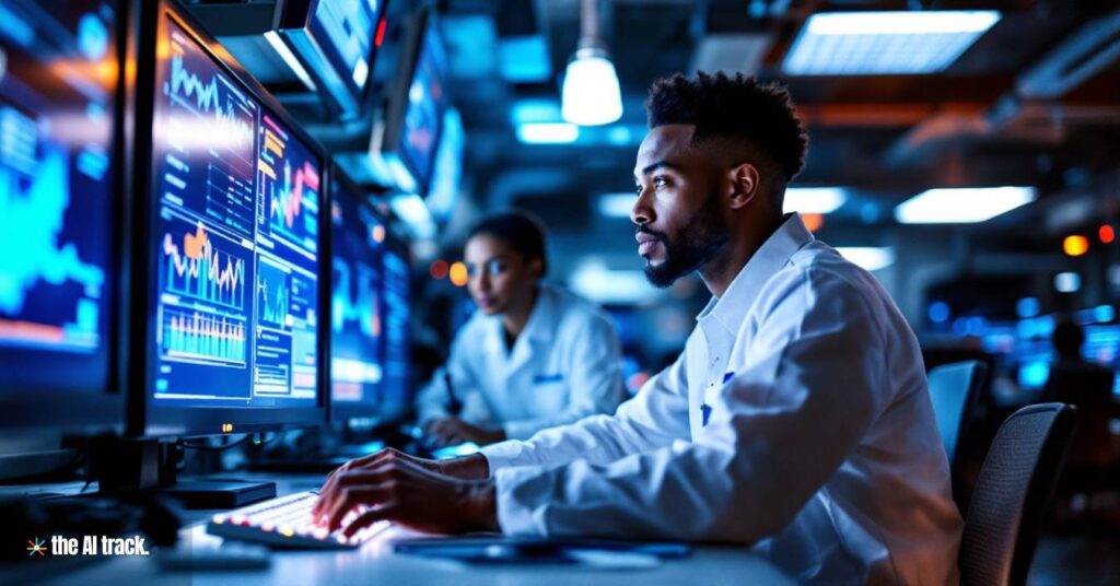 A nuclear reactor control room with engineers monitoring screens and data - Photo Generated by Flux for The AI Track