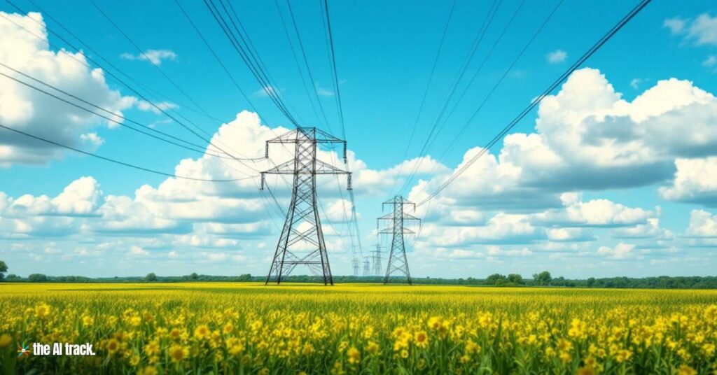 Electric power lines stretching across green fields - Photo Generated by Flux for The AI Track