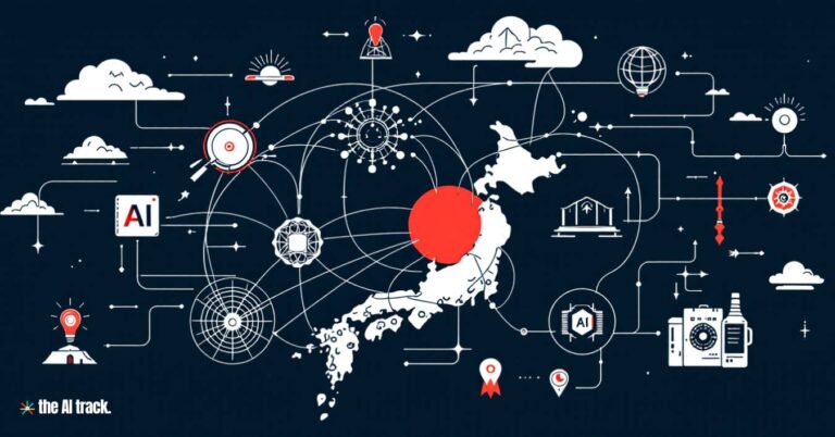 Japan Invests for Semiconductor and AI Leadership - Japan connected with lines to other countries and symbols of AI and semiconductor research and development - Image Credits Flux-The AI Track